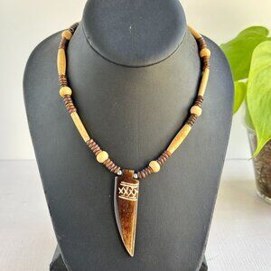Vintage Bone and Horn Pendant Necklace, Tribal-Inspired Fang Design